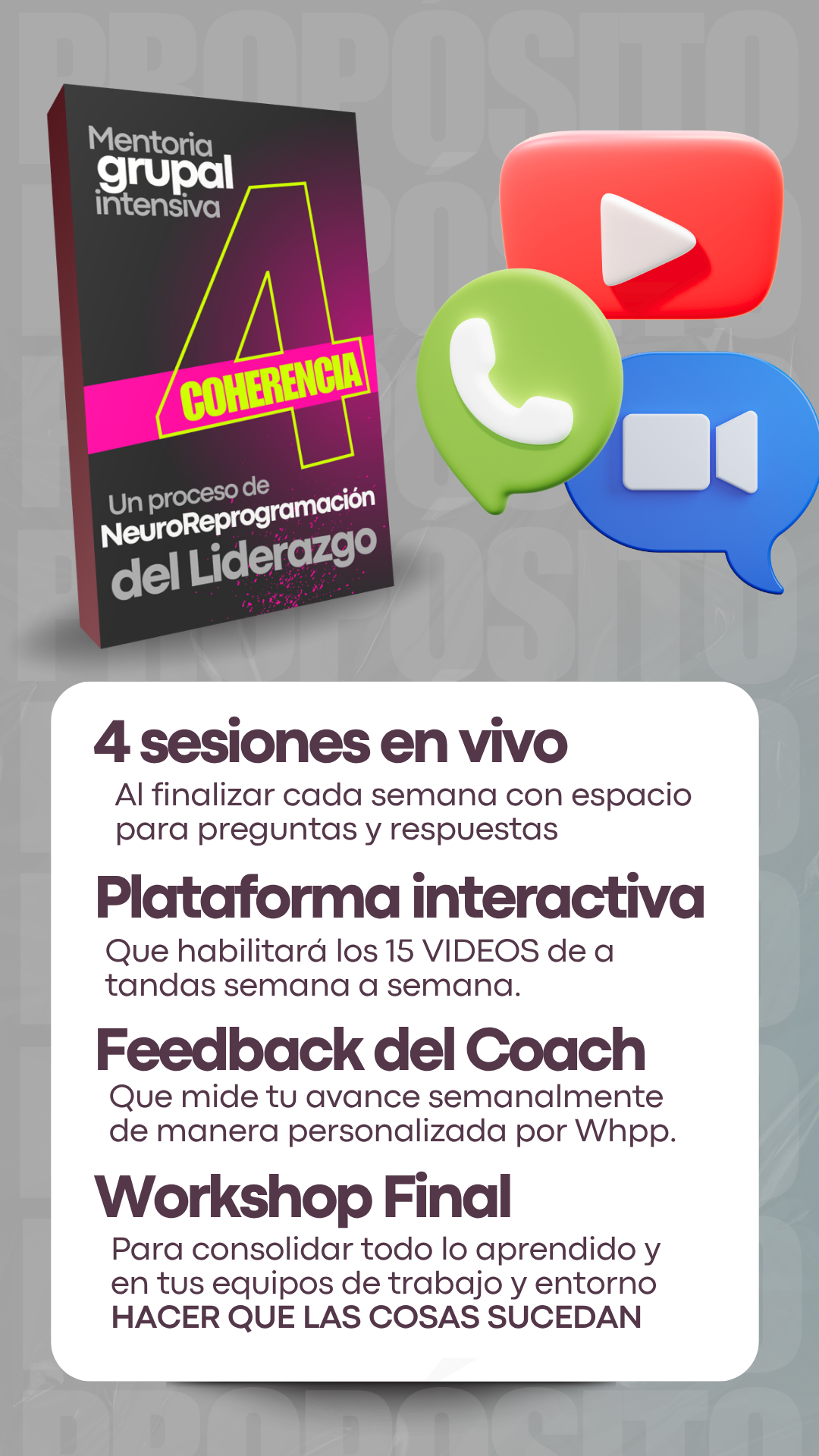 Incluye 4 sesiones en vivo, plataforma interactiva con 15 videos, feedback del coach y workshop final