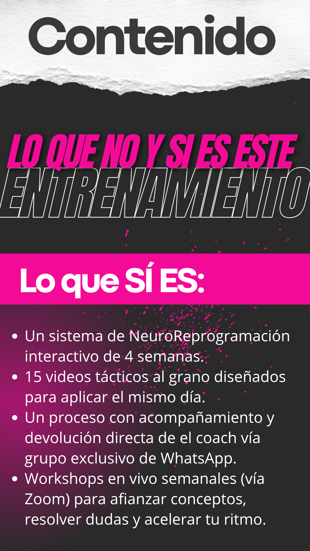 Contenido: lo que sí es este entrenamiento — 4 semanas, 15 videos, WhatsApp y workshops en vivo